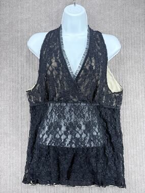 INC Black Lace Faux Wrap Halter Blouse Sz XL